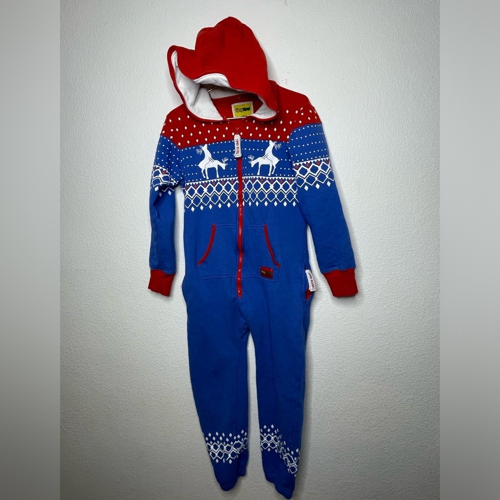 Tipsy Elves jumpsuit men’s small “Naughty Reindeer” blue red hooded